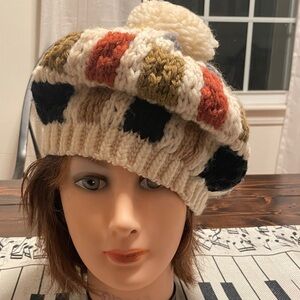 Zwicker Vintage Women's Multicolor Colorblock Wool Knit Hat with Pom